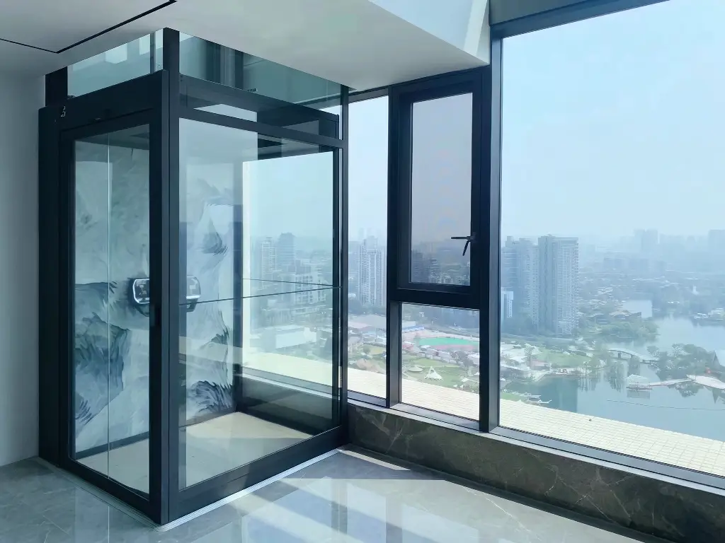 Cibes V90 Galaxy home lift installed inside a high-rise penthouse with panoramic city views.