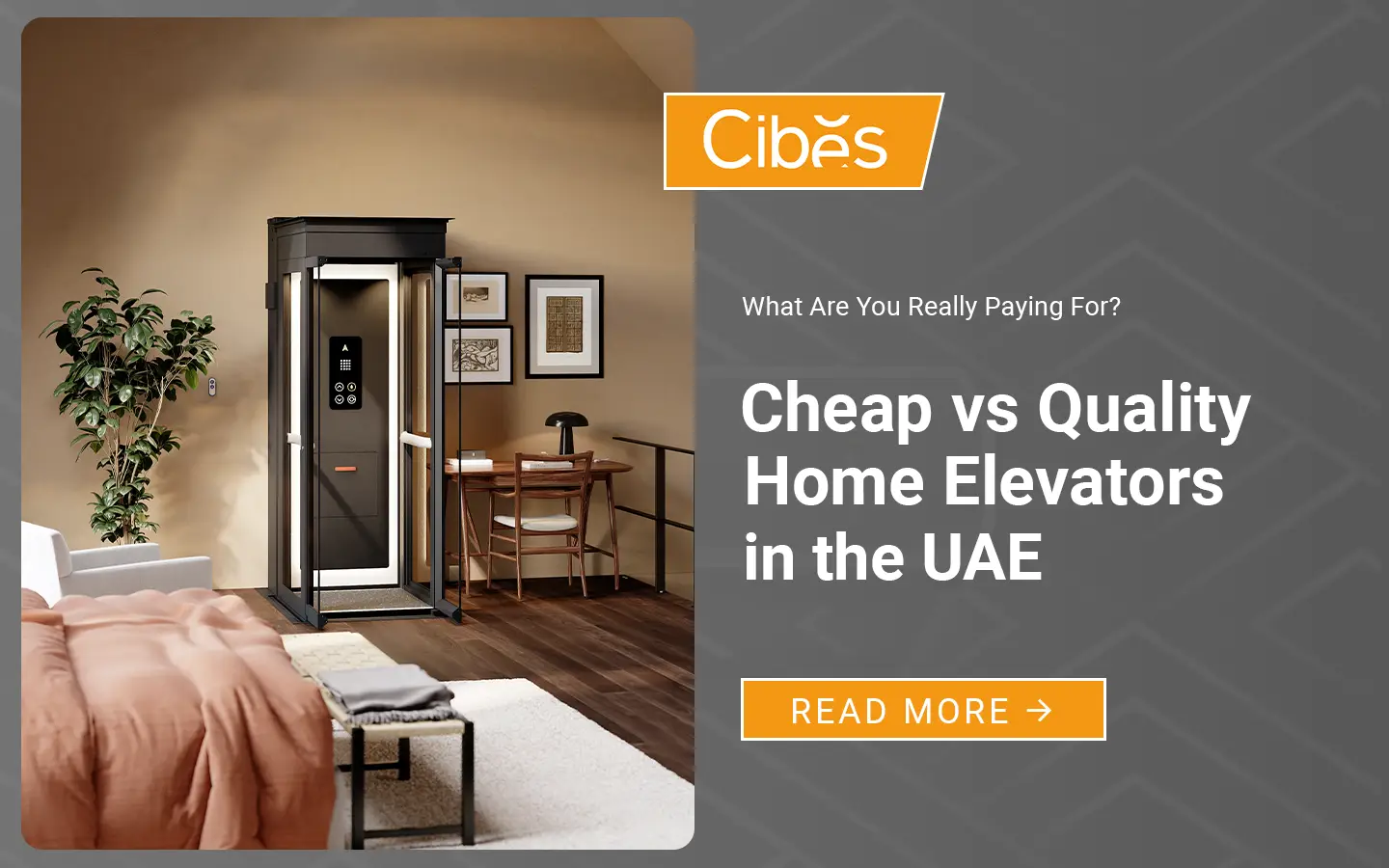 Cheap vs quality home elevator guide showing a compact home lift installed inside a modern bedroom.
