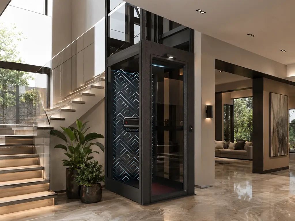 Cibes V90 screw-driven home lift installed beside a staircase in a modern UAE villa.