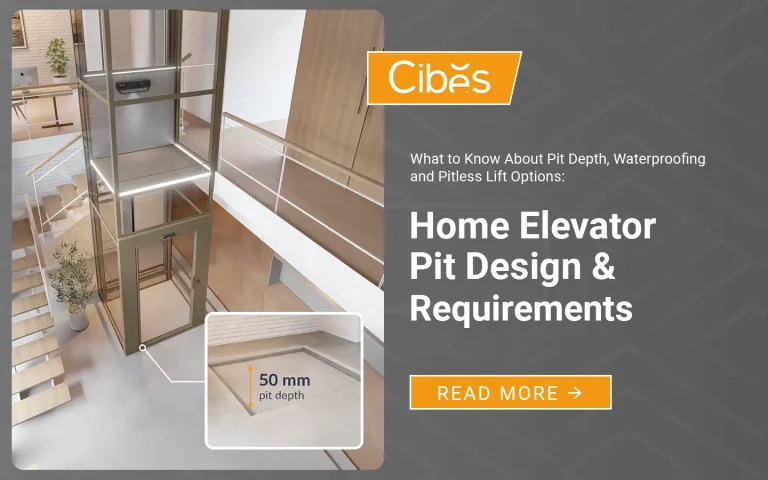 Cibes home lift pit design guide showing a 50 mm pit depth requirement for a compact residential lift.