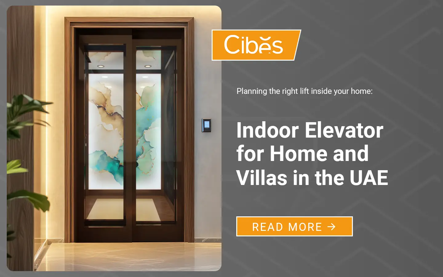 Indoor home elevator with glass doors and decorative cabin panels installed inside a luxury UAE villa.