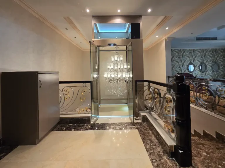 Upper-floor entrance of a Cibes V80 Elegance home lift in a luxury Dubai villa