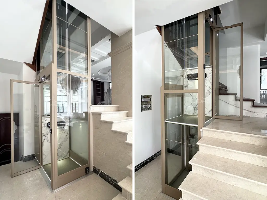 Cibes V80 screw-driven home lift installed beside a staircase inside an existing villa, showing a compact retrofit solution.