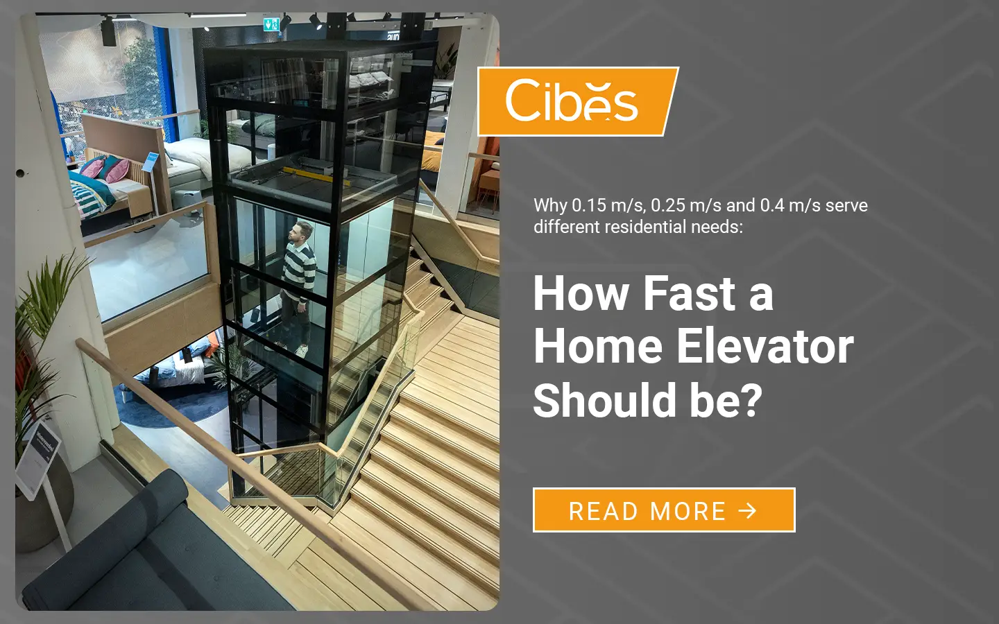 Home elevator speed guide showing a multi-level glass lift and explaining residential lift speeds of 0.15 m/s, 0.25 m/s, and 0.4 m/s.