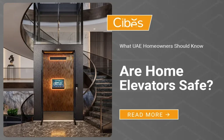 Luxury home elevator installed beside a curved staircase in a UAE villa, highlighting residential lift safety.