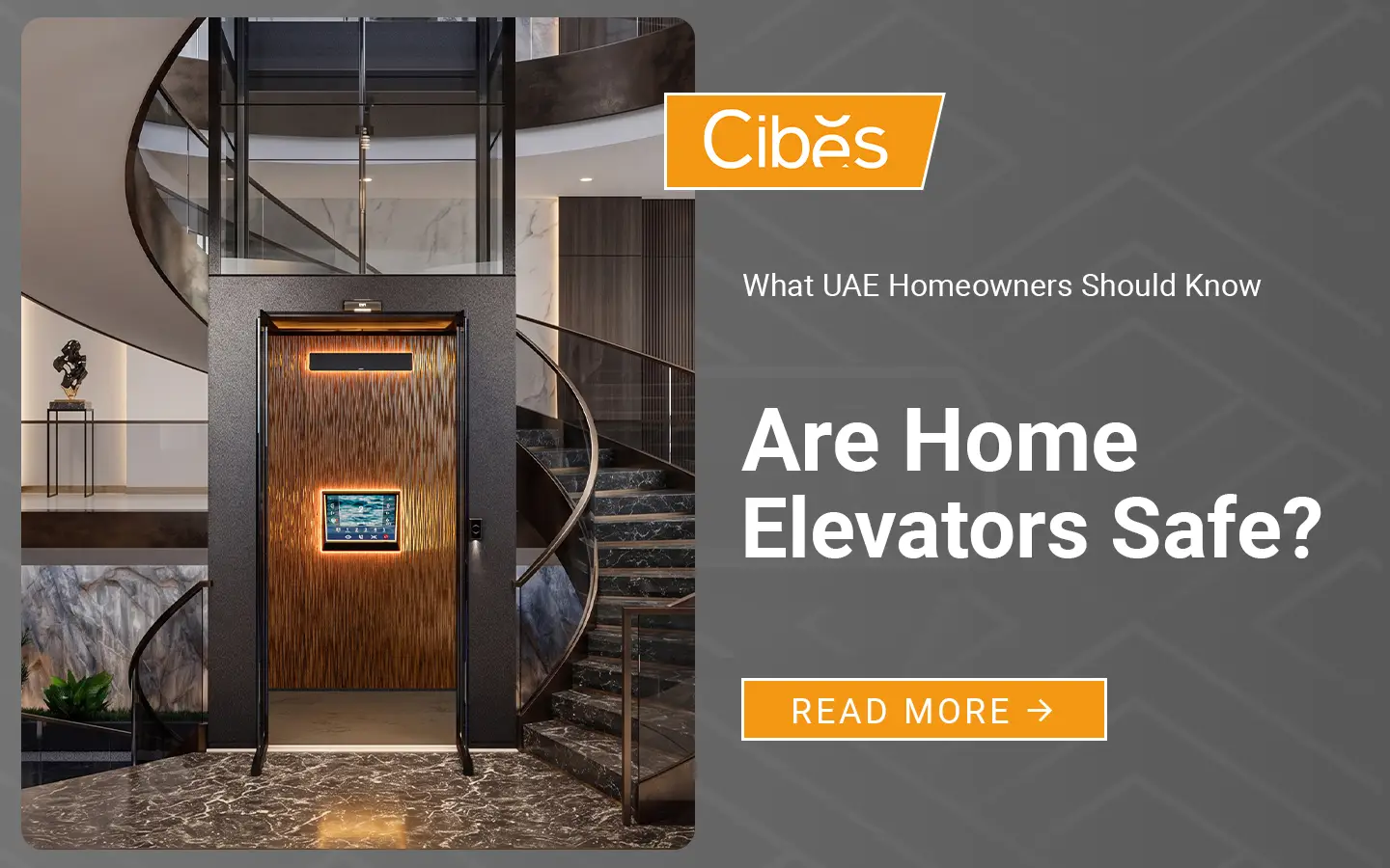 Luxury home elevator installed beside a curved staircase in a UAE villa, highlighting residential lift safety.